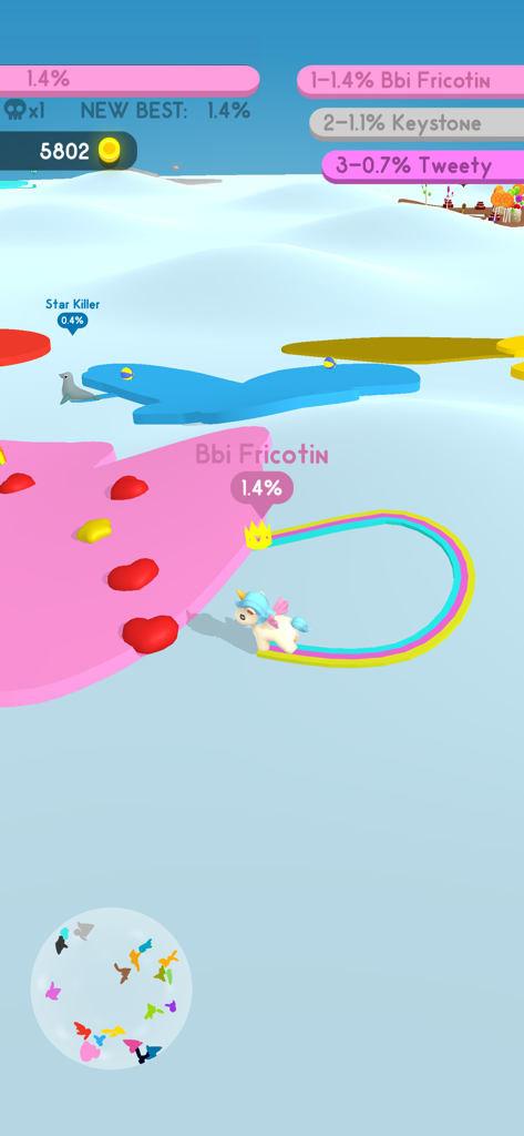 Paper.io 4 - Personaje de unicornio con rastro arcoíris capturando territorio en Paper.io 4.