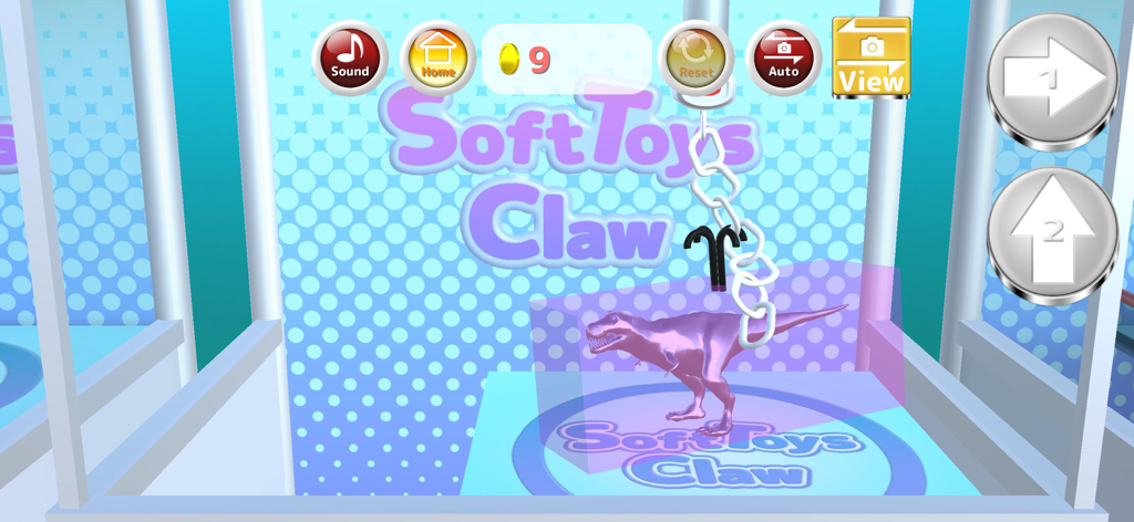 Soft Toys Claw : Claw Machine - Una garra de máquina de arcade digital agarrando un peluche de dinosaurio morado en la aplicación Soft Toys Claw.