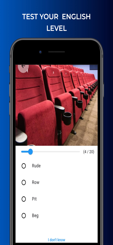 English News in Levels - A vocabulary level test in the English News in Levels mobile app showing a picture of movie theater seats with multiple choice options.