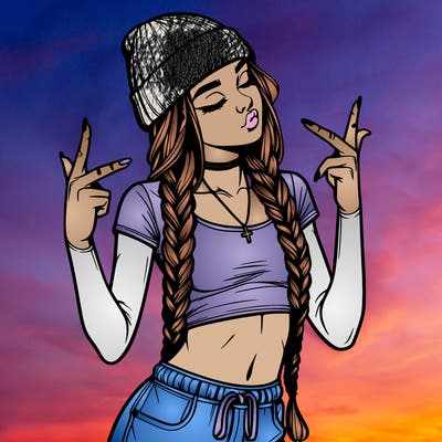 realistic teenage girl with braids and a beanie and crop top doing 🫶🏼