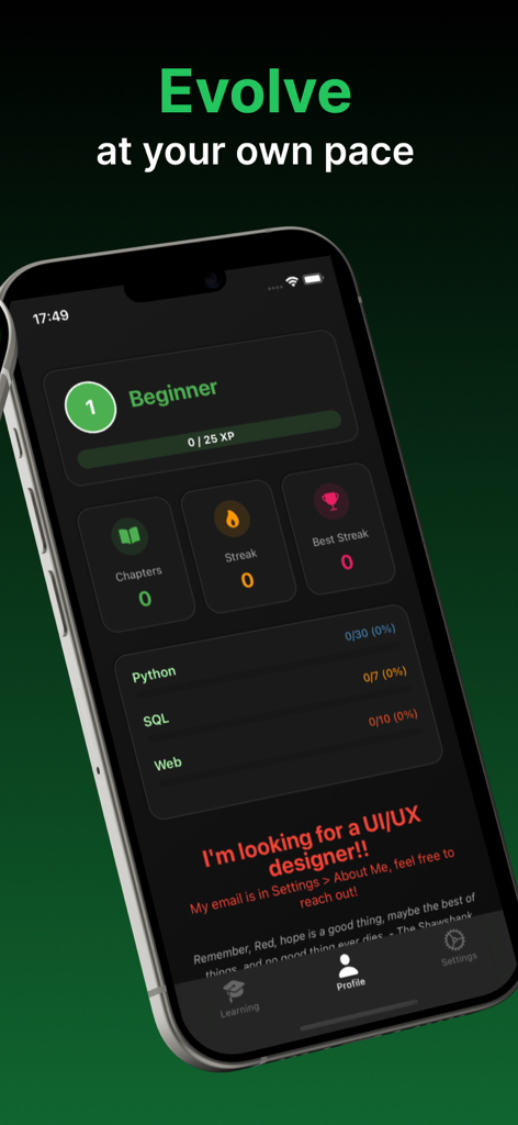CodeLife - Learn to code - User profile dashboard in CodeLife app showing coding progress and streaks