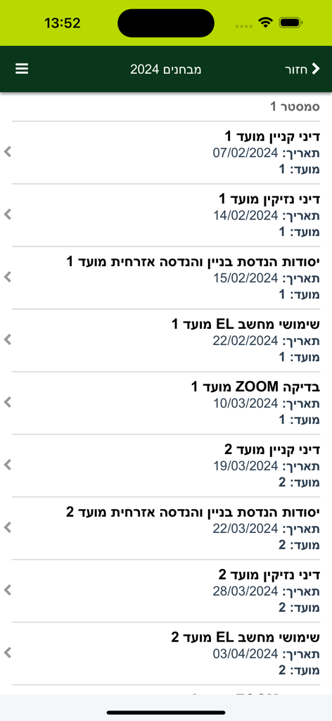Horario de exámenes del estudiante que muestra fechas y materias en la aplicación Ono Academic College