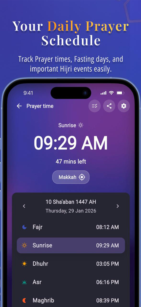Screenshot der Zameel App, die den täglichen islamischen Gebetsplan und den Hijri-Kalender zeigt.