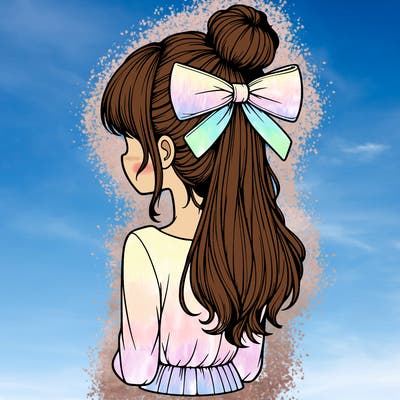 realistic girl  with hip length hair a bun and a big bow on the back of head