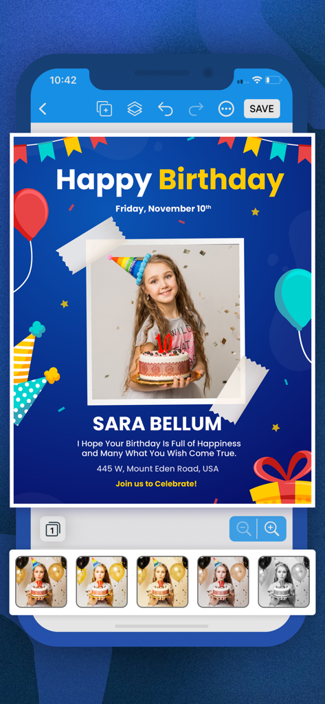 Editing a birthday poster design with photo filters in the flyer maker app