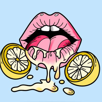 lips eating lemons and lemon juice dripping