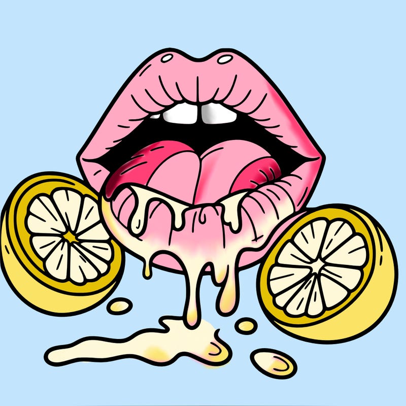 lips eating lemons and lemon juice dripping