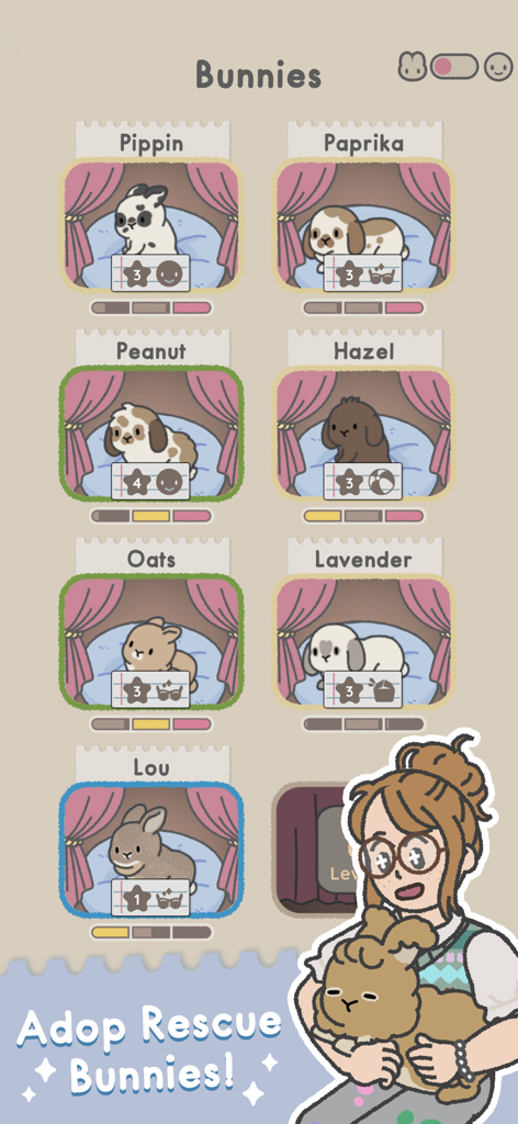 Bunny Haven의 메뉴 화면에 Pippin과 Peanut 같은 이름의 입양 가능한 다양한 귀여운 구조 토끼들이 표시됩니다.