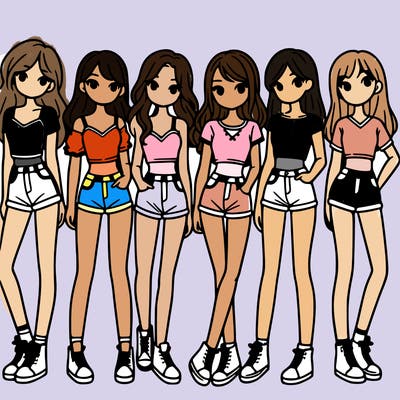 a group of girls wearing crop tops and shorts