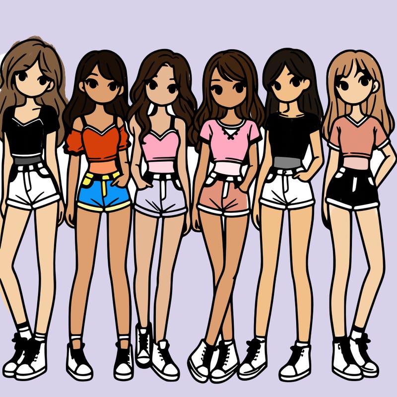 a group of girls wearing crop tops and shorts
