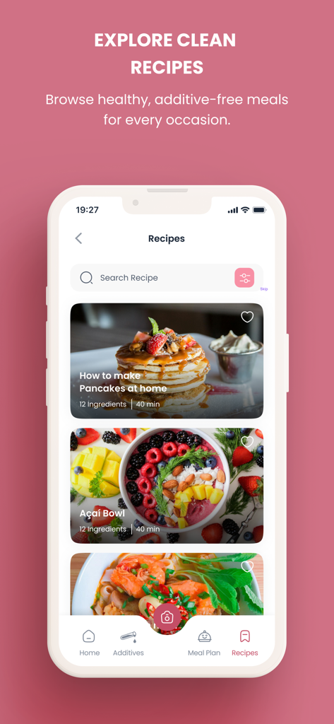 Additive-Free Lifestyle - A mobile app interface displaying healthy additive-free recipes with photos of pancakes and acai bowls.