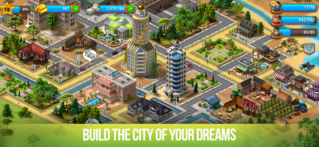Paradise City: Simulation Game - Top down gameplay view of a metropolis on a tropical island in Paradise City simulation game