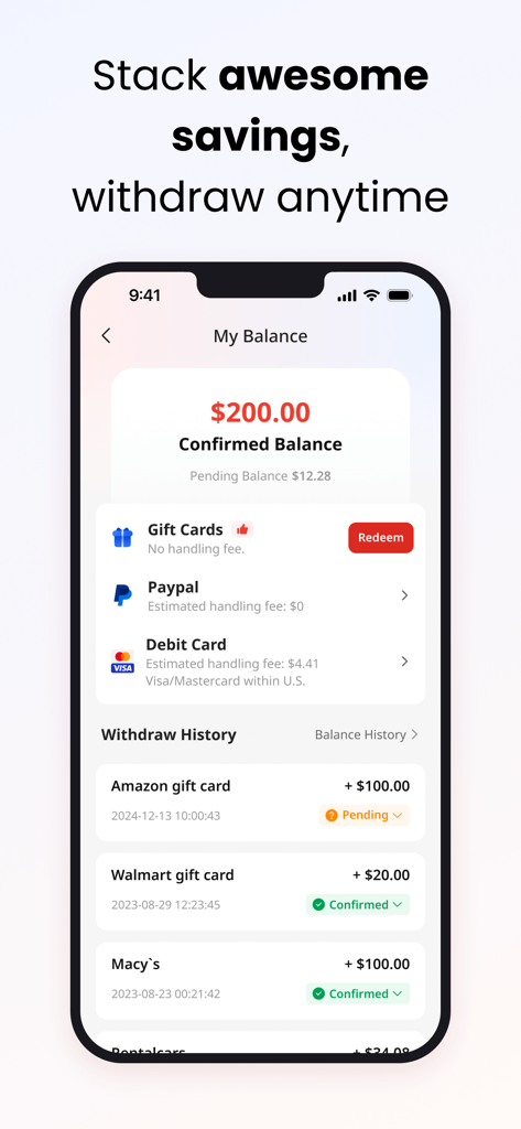 Écran Mon Solde de l'application Coupert affichant un solde confirmé de deux cents dollars avec des options de retrait pour PayPal et cartes cadeaux