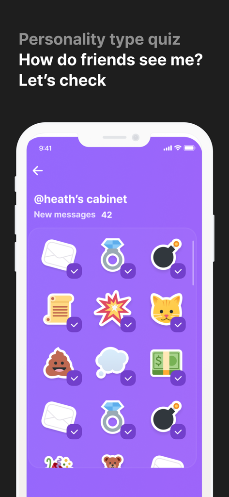 MyTypes app interface showing the secret cabinet feature with various colorful personality stickers and message notifications