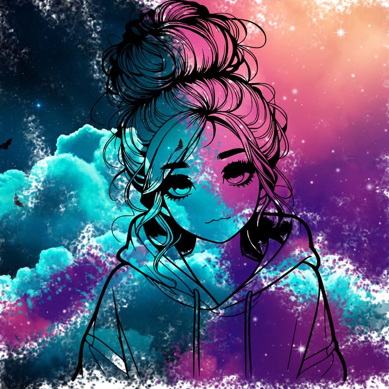 realistic girl with a massy bun and a hoodie