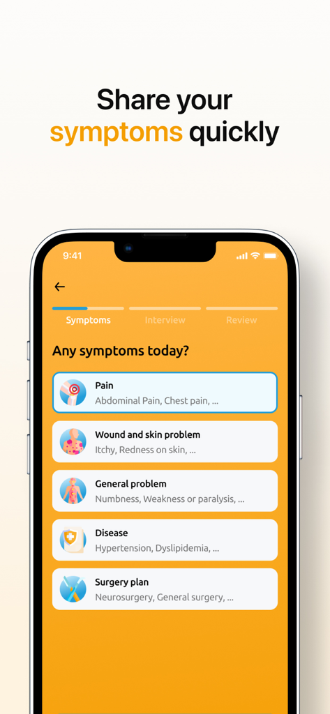 Interface do aplicativo Sunrise Healthcare Service para pacientes selecionarem e compartilharem sintomas médicos como dor e problemas de pele.