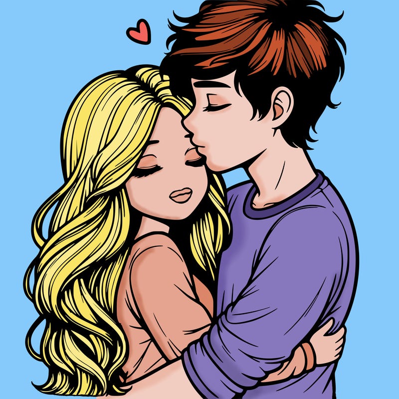 a realistic couple boy and girl hugging and kissing