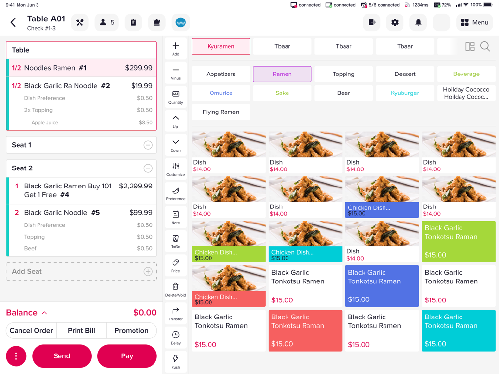 Chowbus POS - iPad interface of Chowbus POS displaying a restaurant table order with ramen dishes and a menu grid