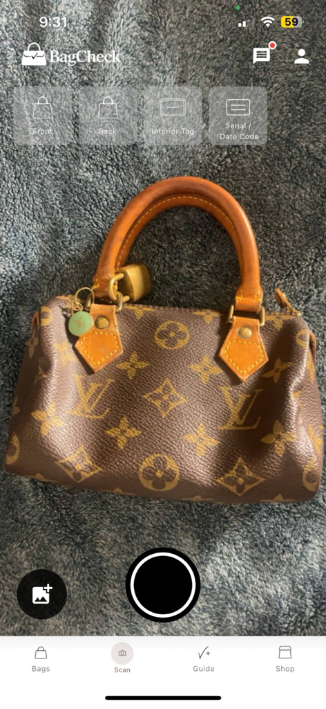 A mobile interface of the BagCheck app scanning a designer handbag for AI-powered authentication