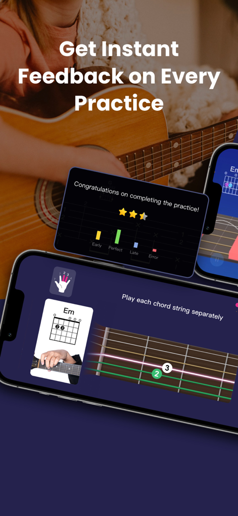OKMusician: Guitar & Ukulele - Smartphone showing the OKMusician app providing instant feedback and chord diagrams for guitar practice.