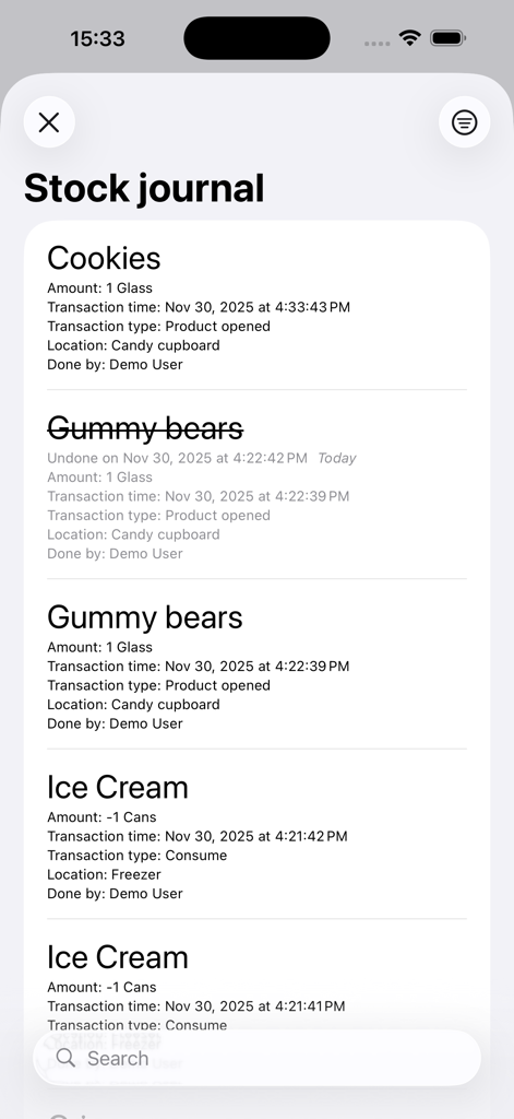 Grocy Mobile - A screenshot of the stock journal in the Grocy Mobile app displaying a log of food inventory transactions.