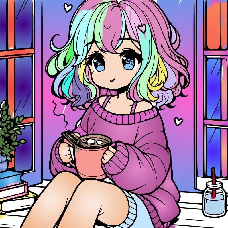 cute anime girl reading book and drinking hot chocolate from mug with loose wavy hair wearing a baggy sweatshirt and shorts sitting by windowsill looking out