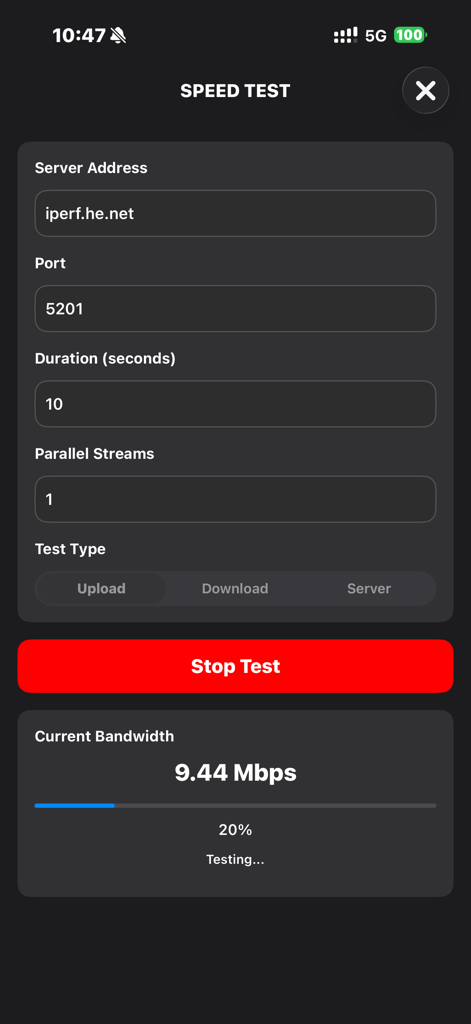 CPU-X - CPU-X app interface showing a network speed test in progress with bandwidth metrics and server configuration.