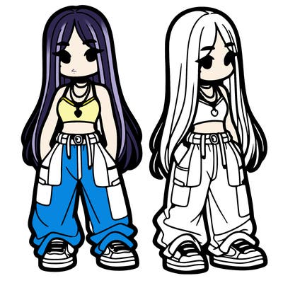 girl in baggy pants crop top and long hair