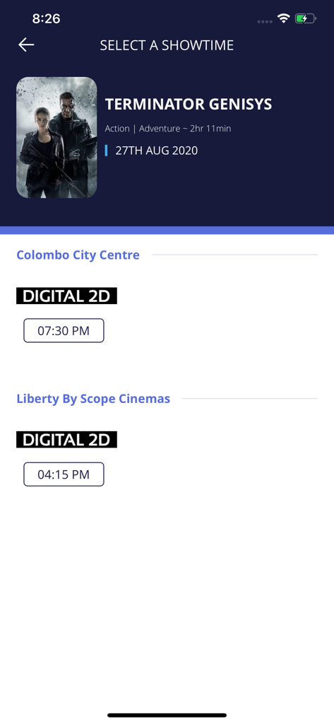 Interfaccia dell'app Scope Cinemas per la selezione degli orari di proiezione del film Terminator Genisys in diversi cinema.