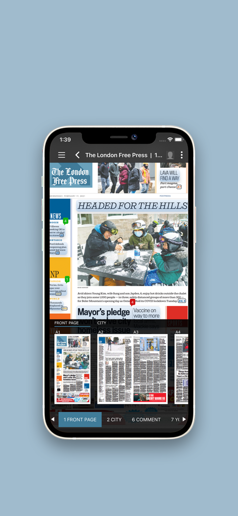 London Free Press ePaper - iPhone screen displaying the London Free Press ePaper digital newspaper replica with local news articles and navigation menu.