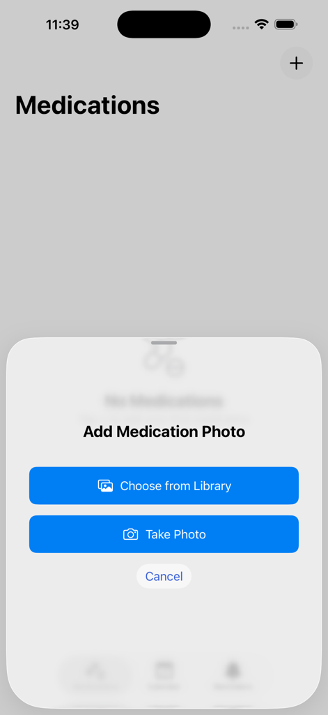 MedSnap - Snap It, Track It - A popup menu in the MedSnap app with options to take a photo or choose from the library to add a medication label