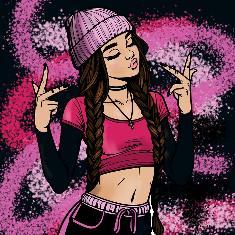 realistic teenage girl with braids and a beanie and crop top doing 🫶🏼