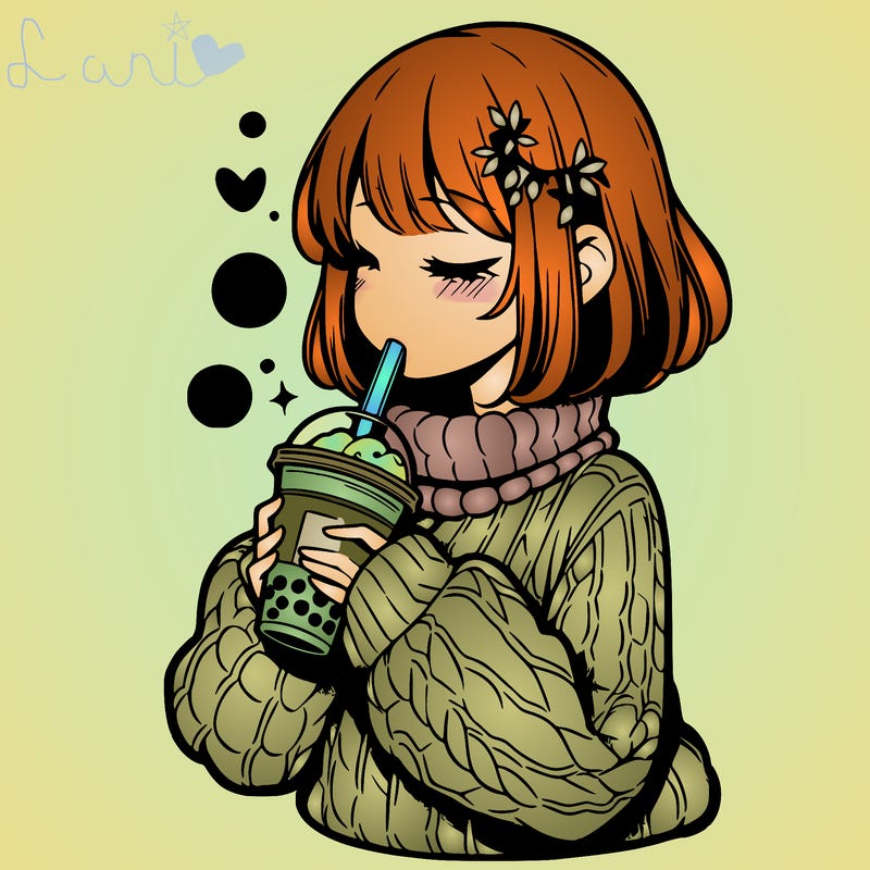 manga girl drinking boba in cozy sweater