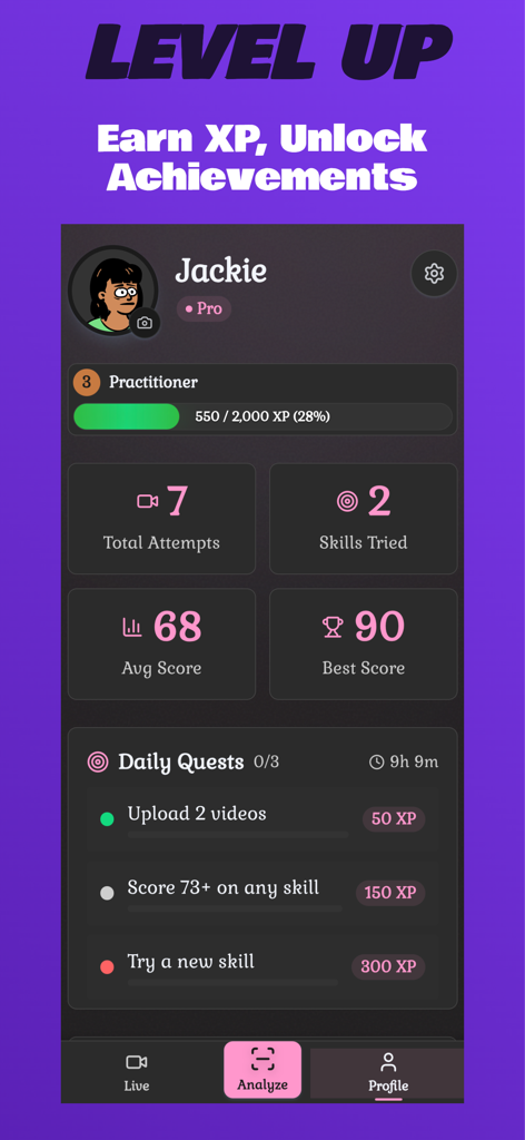 User profile dashboard of the Gymnastics AI Coach CheckForm app showing training stats, XP levels, and daily gymnastics quests.