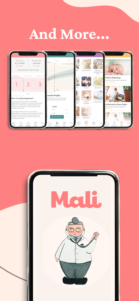 Mali app interface showing pregnancy tracking features and a doctor illustration
