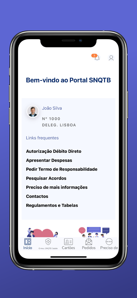 SNQTB - Home screen of the SNQTB mobile app showing the member dashboard and service links