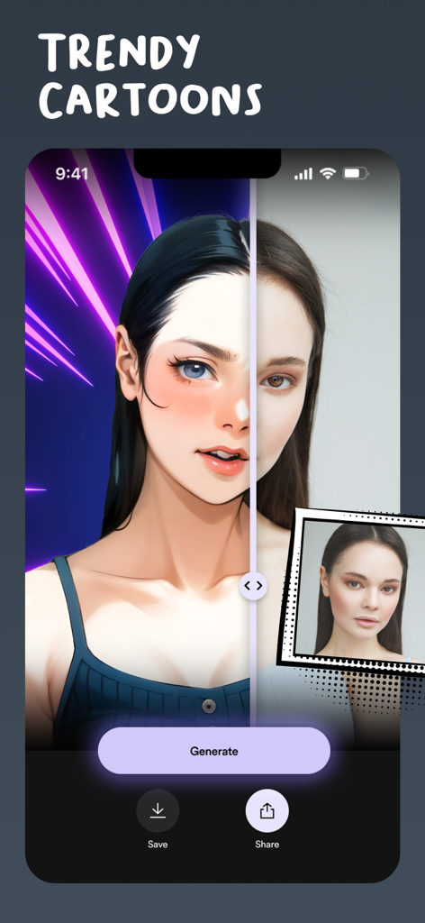 Une vue en écran partagé comparant un portrait réel à sa version de dessin animé de style anime générée par IA dans l'interface de l'application