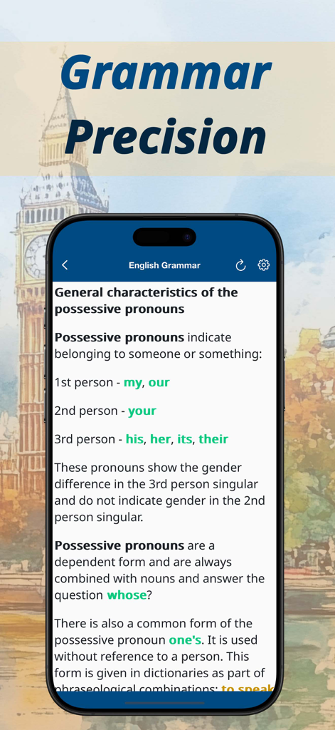 Speak English: Learn Pronouns - Educational screen showing possessive pronouns lesson with English grammar rules on a smartphone.