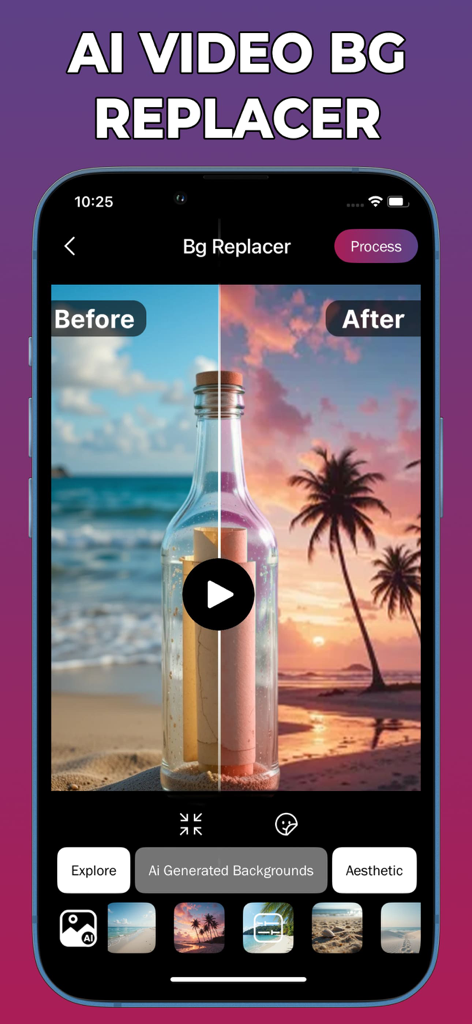 BG Remove: Background Editor - Interfaz de la aplicación BG Remove que muestra una comparación de antes y después de la sustitución de fondo de video en una playa