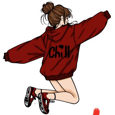 realistic girl jumping with a bun and oversized sweatshirt