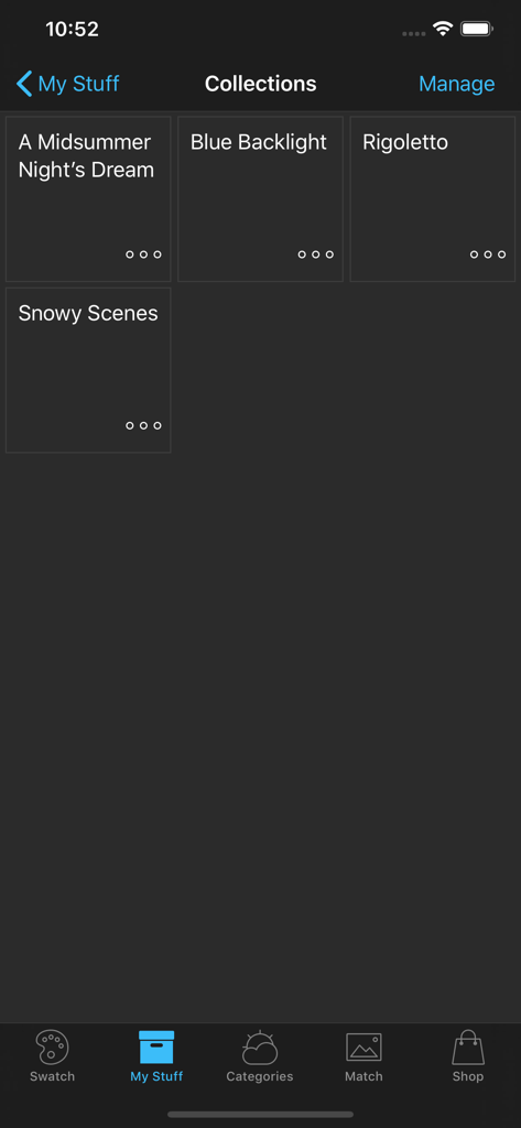 ShowTool Swatch - ShowTool Swatchアプリのインターフェース。さまざまなステージプロダクション用に整理された照明ジェルコレクションを表示