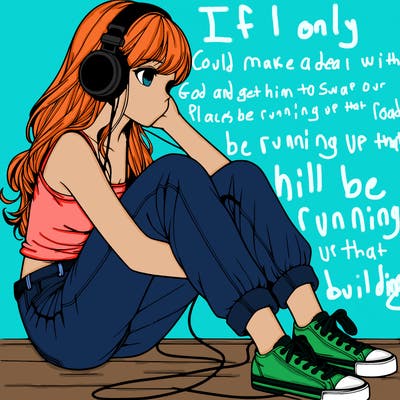 realistic girl sitting on the ground listening to music