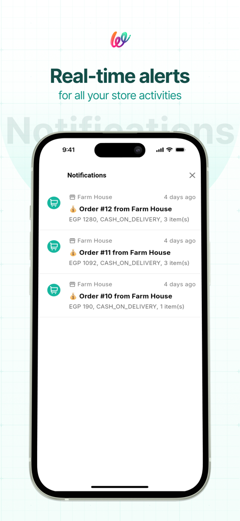 Wuilt Merchant - Wuilt Merchant app screen displaying a list of real-time store activity notifications and new order alerts