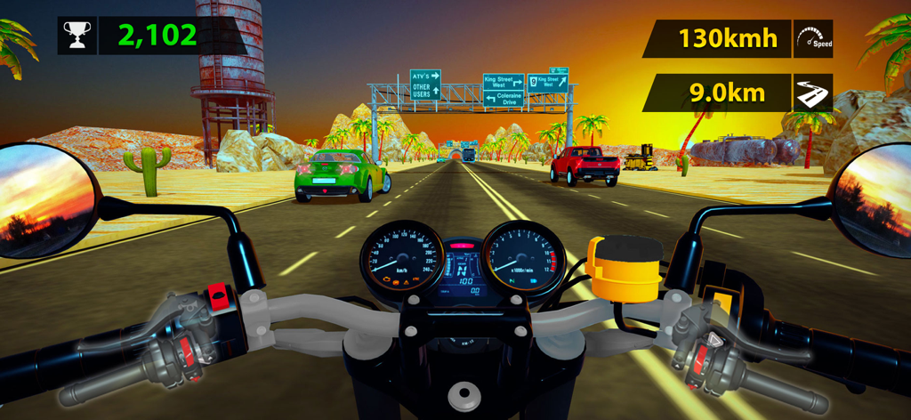 Bike Rider Infinity - Vista en primera persona de una motocicleta compitiendo en una autopista desértica al atardecer