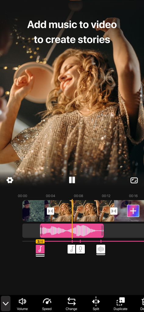 Music cutter & Music mixer - Mobile video editing interface showing how to add background music and edit clips for social media stories