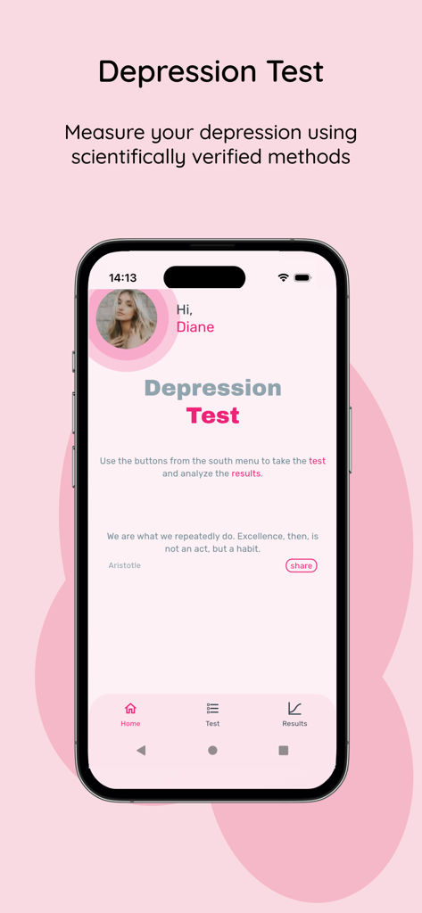Depression Test - Quick Test - 핑크색 배경에 사용자 프로필과 과학적 검진 메시지가 표시된 우울증 테스트 앱 홈 화면.