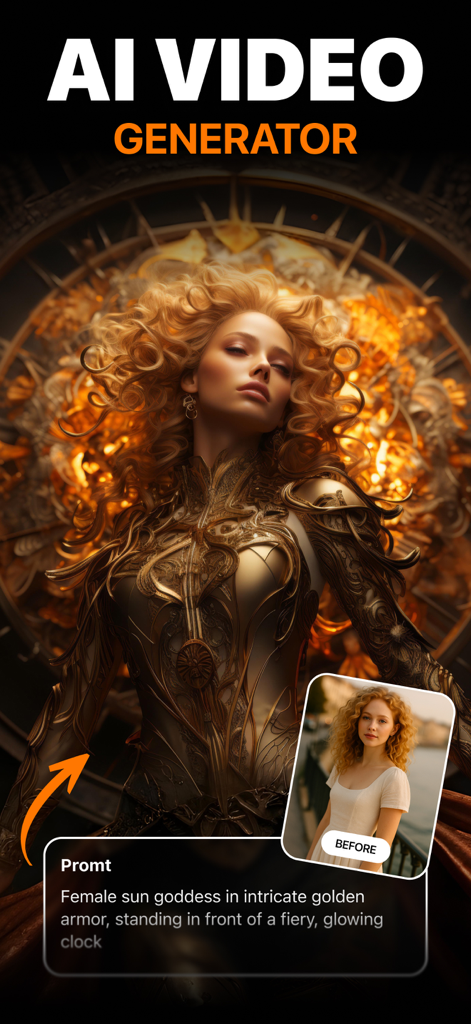 VideoVerse - AI Effects - VideoVerse AI video generator transforming a portrait of a woman into a sun goddess in golden armor using a text prompt