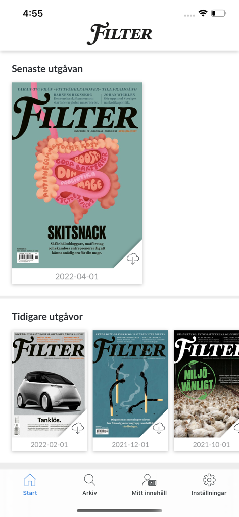 Écran de l'application Magasinet Filter affichant les numéros actuels et passés du magazine suédois de journalisme d'investigation