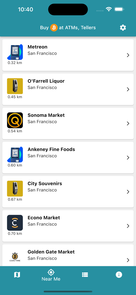 CoinATMRadar app screen showing a list of nearby Bitcoin ATM locations in San Francisco.