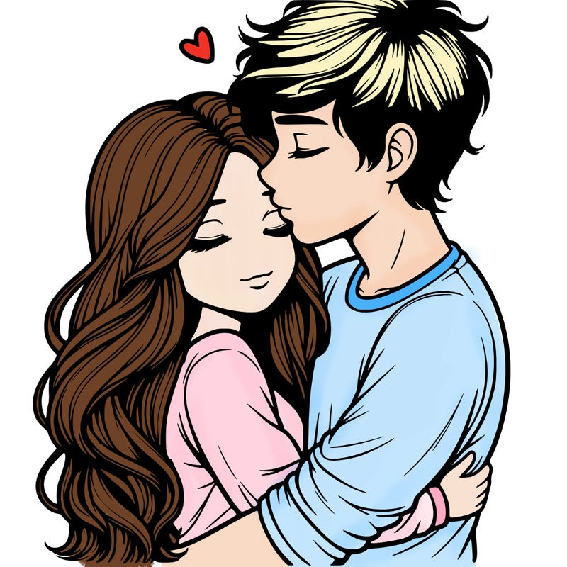 a realistic couple boy and girl hugging and kissing